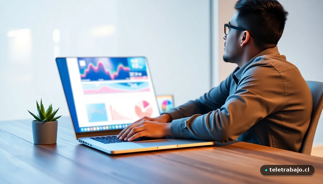 Profesional hispano analizando gráficos de datos abstractos en su portátil en una oficina moderna, evitando la trampa laboral de ser imprescindible.