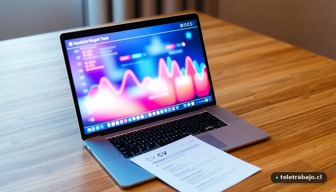 Laptop sobre escritorio mostrando gráficos de datos abstractos junto a un currículum impreso, concepto de optimización de CV.