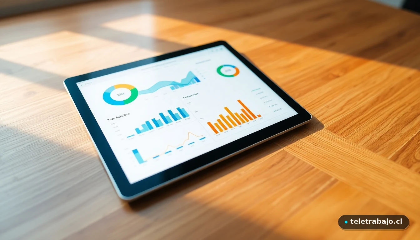 Panel de datos abstracto y colorido sobre gestión del talento público en una tablet moderna.