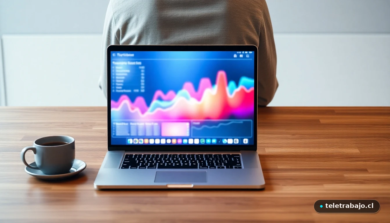 Laptop mostrando gráficos abstractos de verificación de antecedentes en un escritorio moderno.