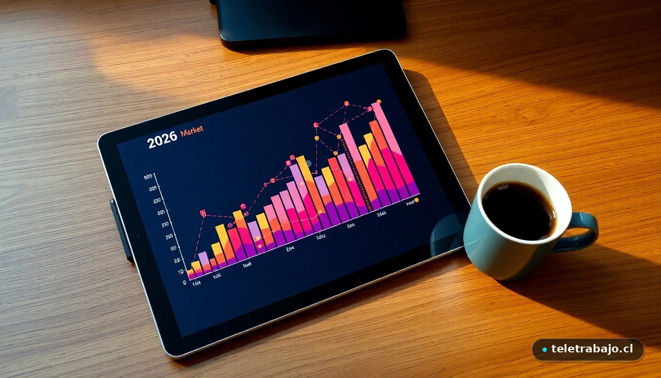 Visualización abstracta de datos del mercado laboral 2026 mostrando tendencias y conexiones profesionales.