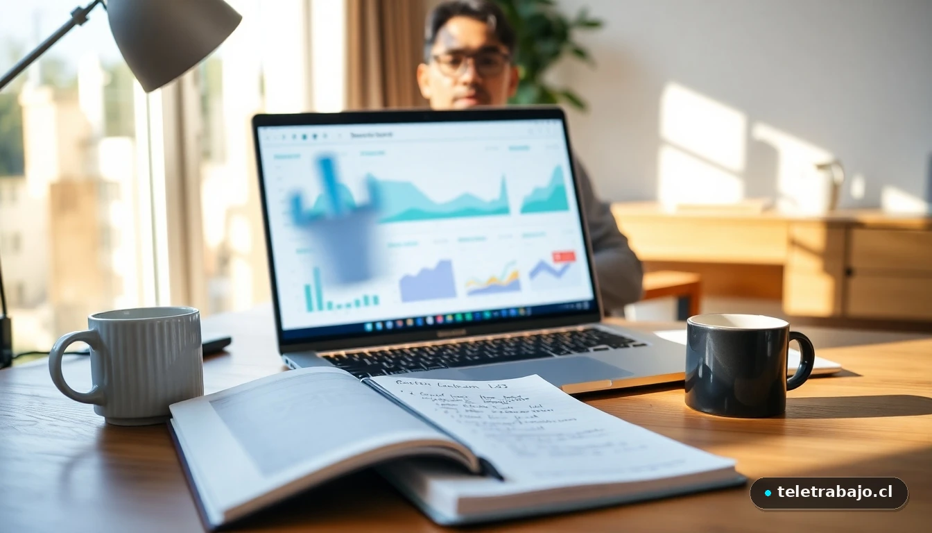 Estación de trabajo moderna con laptop mostrando un dashboard abstracto de aprendizaje de idiomas con gráficos de progreso en colores suaves.