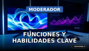 Moderador de Contenidos 2026 trabajando en un entorno digital seguro y profesional con monitores que muestran análisis de datos abstractos.