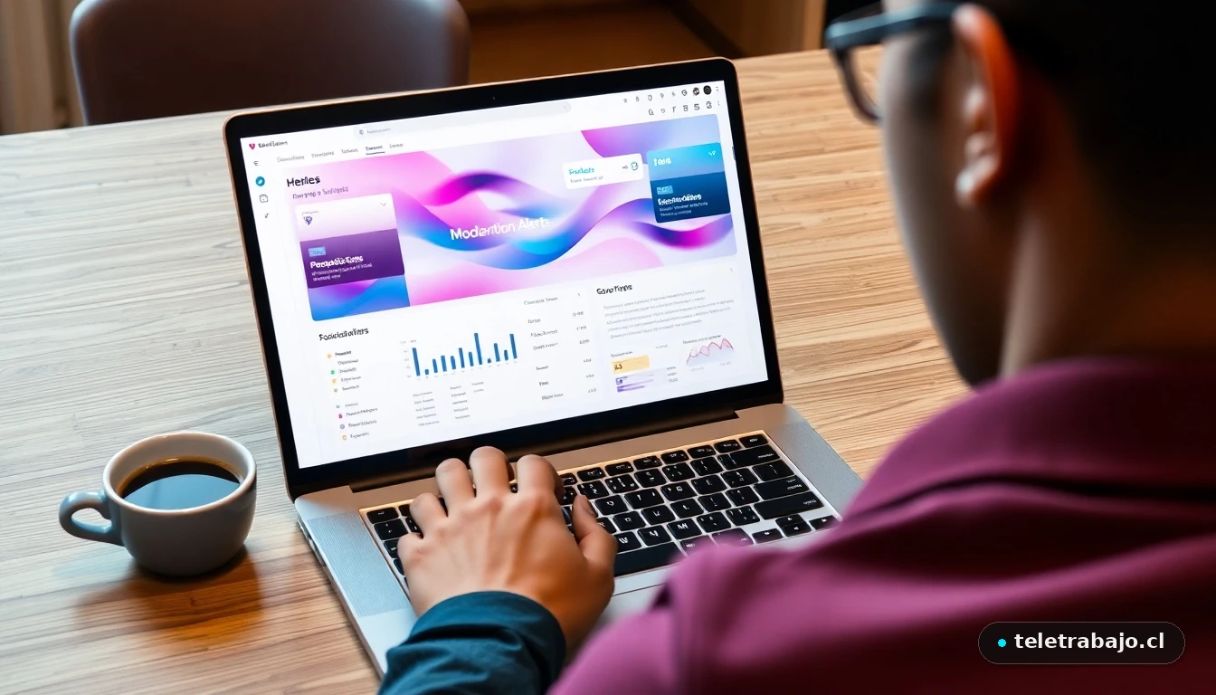 Moderador de contenidos trabajando desde casa analizando un dashboard de métricas en su laptop