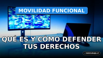 Concepto de movilidad funcional 2026 en un entorno de oficina moderna con tecnología y gráficos abstractos en pantallas.