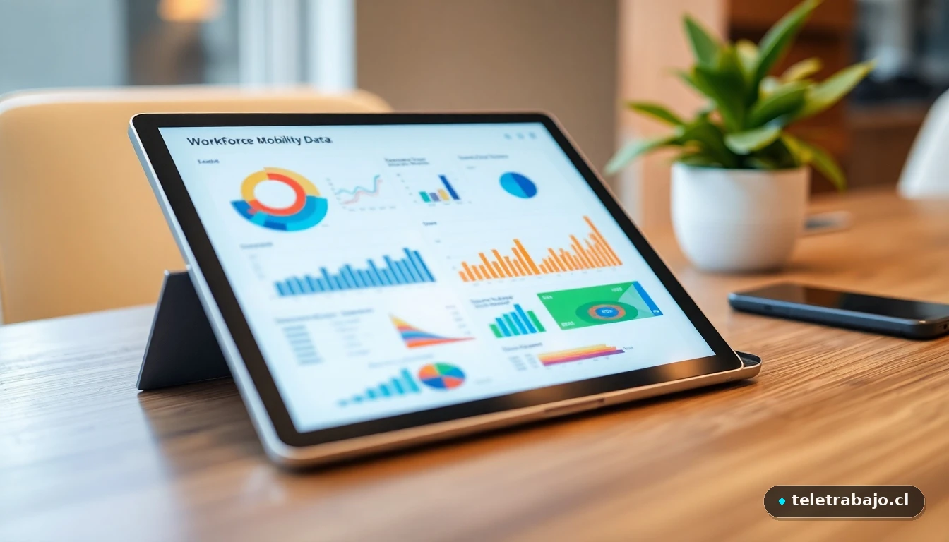 Visualización abstracta de datos sobre movilidad laboral en una tableta, mostrando gráficos de colores sobre traslados de trabajadores.