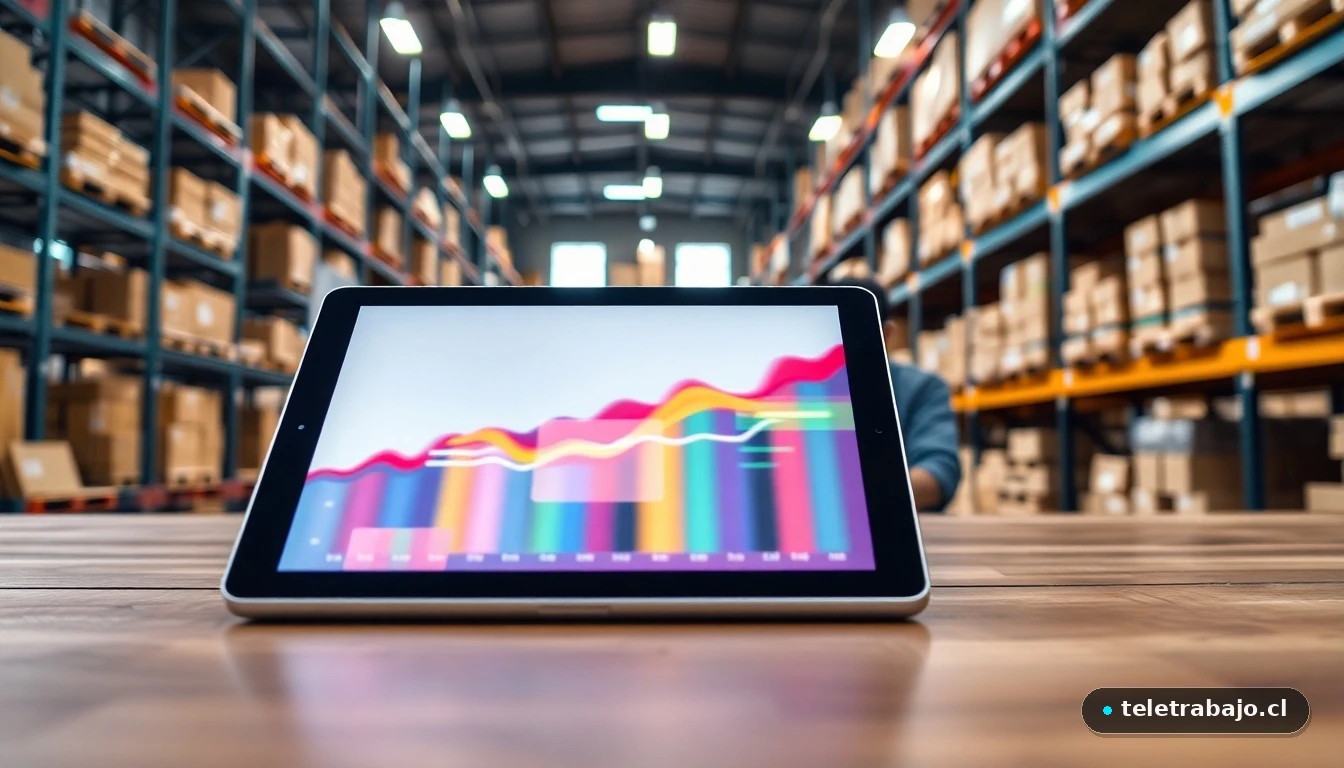 Interior moderno de un almacén logístico en 2026 con tecnología de gestión