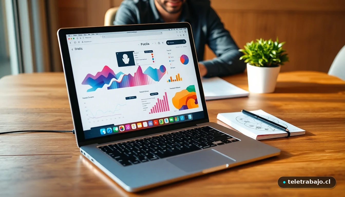 Escritorio moderno con laptop mostrando gráficos de datos y mapa de ciudad para planificación de mudanza laboral