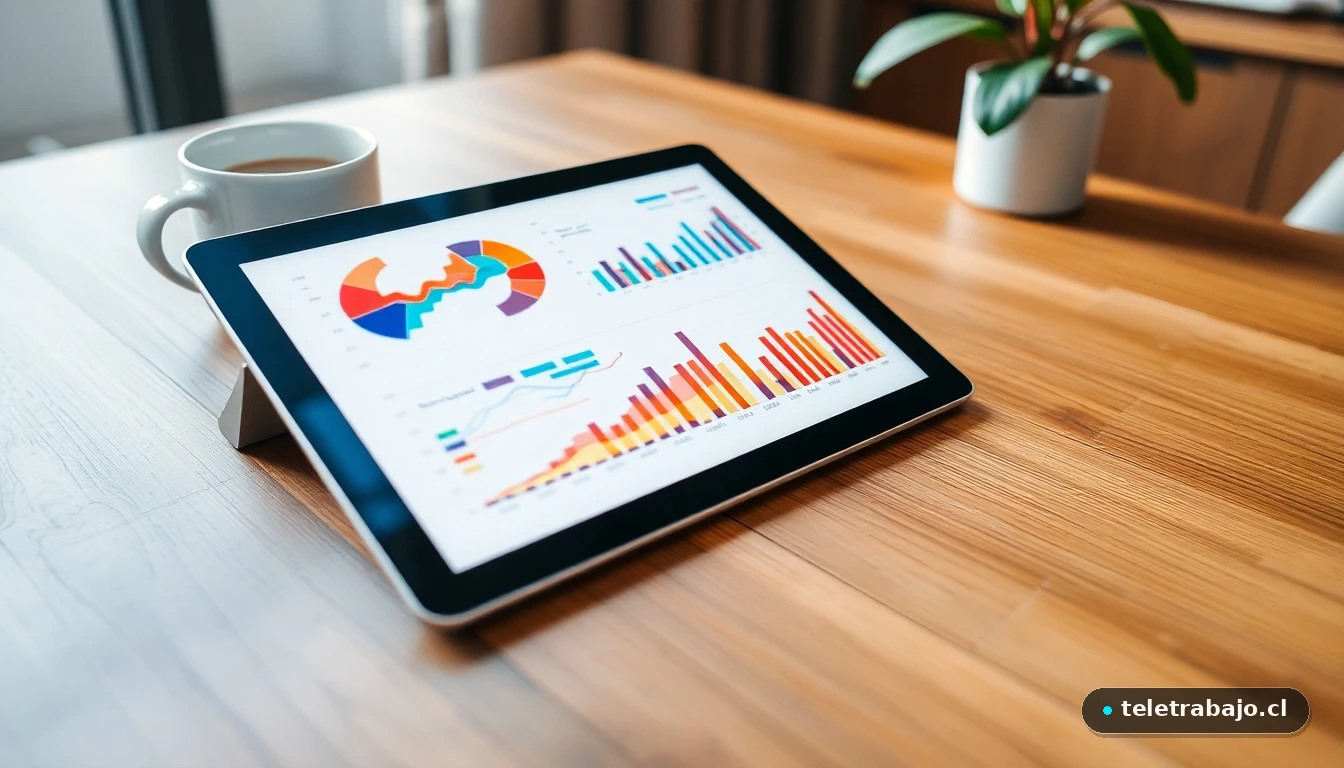 Gráficos abstractos de colores representando datos de acuerdos laborales y negociación colectiva en una tablet.