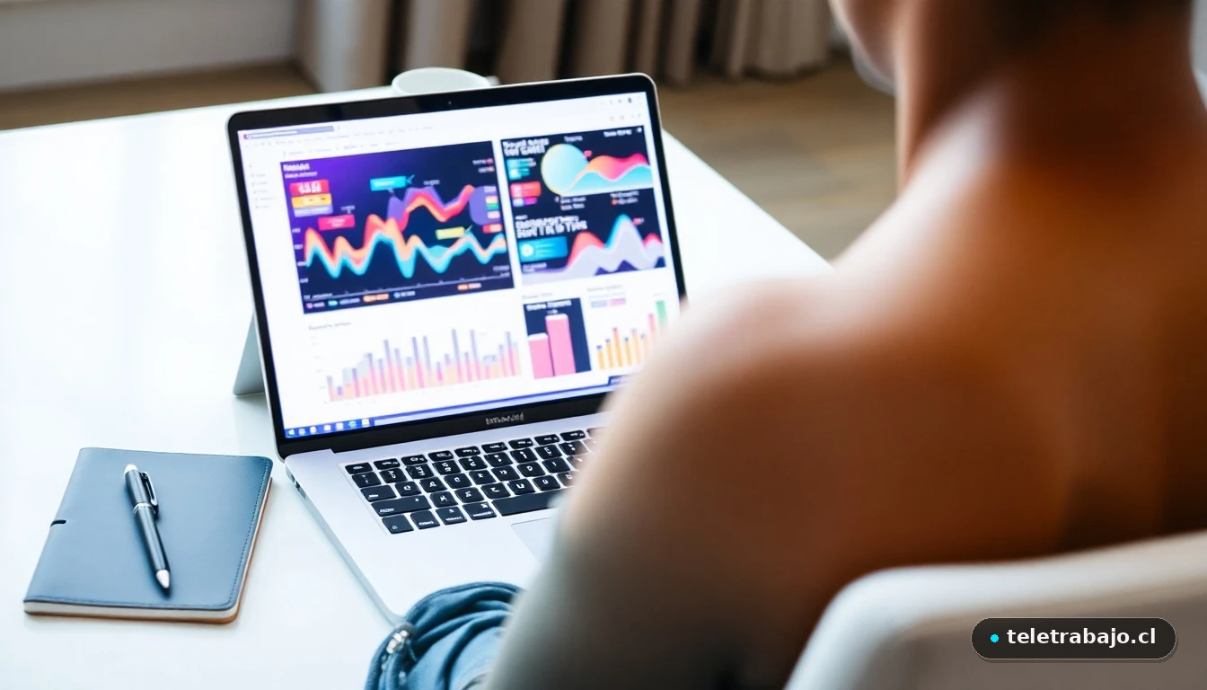 Persona preparándose para una negociación laboral revisando datos de mercado en su portátil, con gráficos abstractos de colores en pantalla.