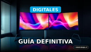 Un escritorio de trabajo futurista con monitores que muestran gráficos abstractos de datos, representando negocios digitales rentables para el futuro.