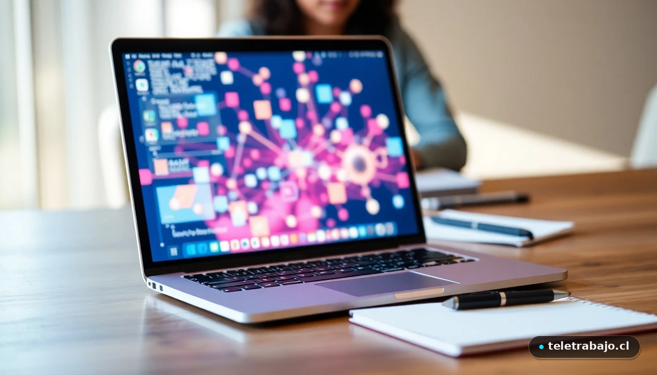 Concepto visual moderno de networking profesional mostrado en una pantalla de portátil sobre un escritorio