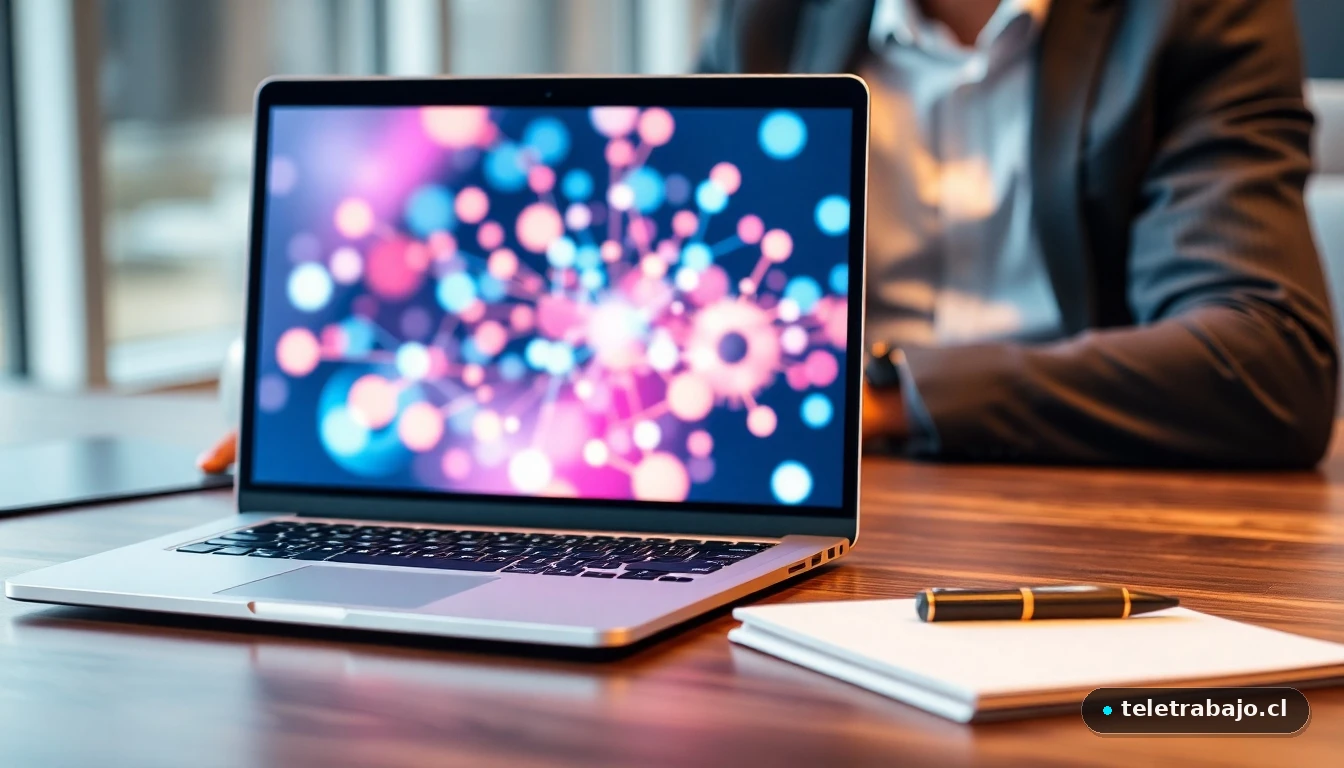 Concepto visual moderno de networking profesional mostrando gráficos de conexiones en una pantalla de portátil