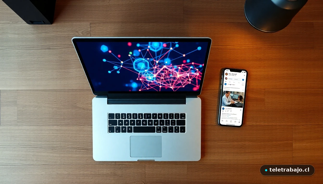 Vista superior de un espacio de trabajo moderno con dispositivos mostrando gráficos abstractos de redes profesionales y conexiones.