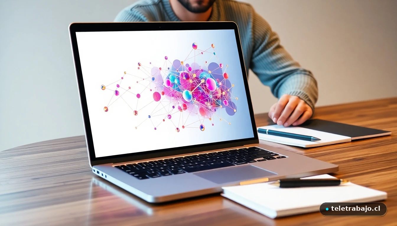 Visualización abstracta de una red de contactos profesional en una pantalla de ordenador moderna