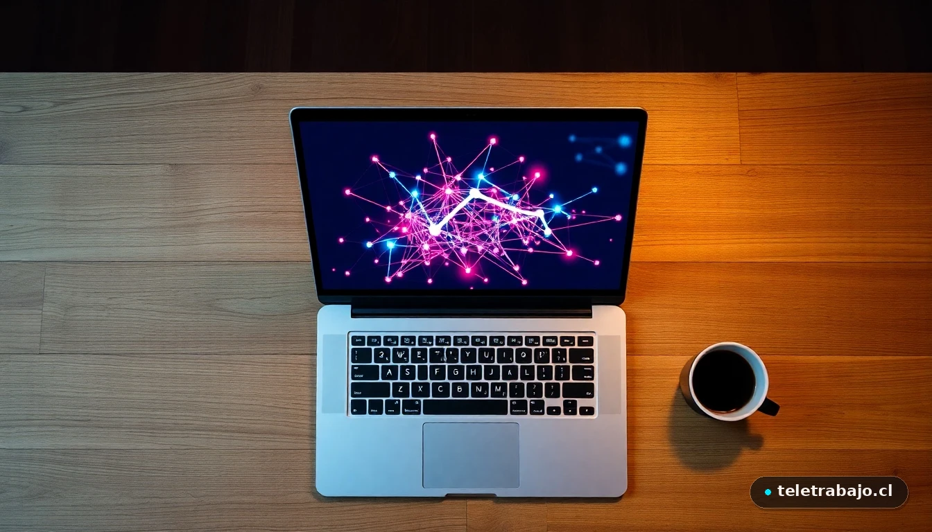 Vista superior de un portátil mostrando un gráfico de red abstracto y colorido, concepto de networking digital profesional.