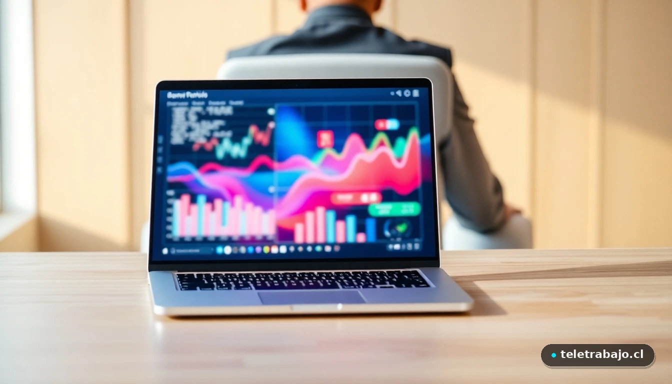 Laptop mostrando gráficos abstractos de datos sobre diversidad e inclusión en un entorno de oficina moderna.