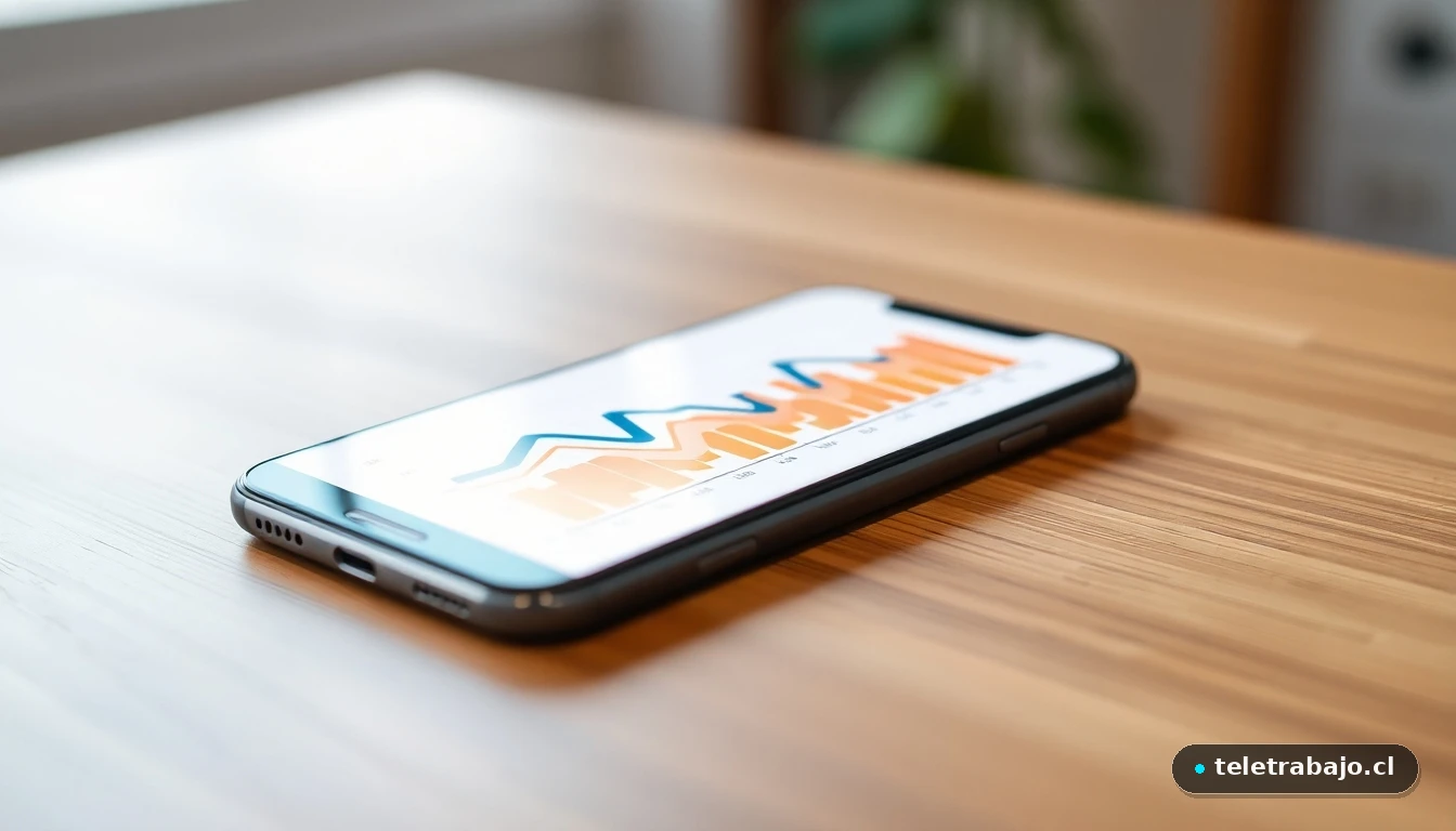 Smartphone mostrando un gráfico abstracto de datos sobre subsidios de desempleo en colores vibrantes.