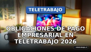 Escritorio moderno de teletrabajo en casa con ordenador portátil y gráficos abstractos en pantalla, ilustrando obligaciones de pago empresarial para 2026.