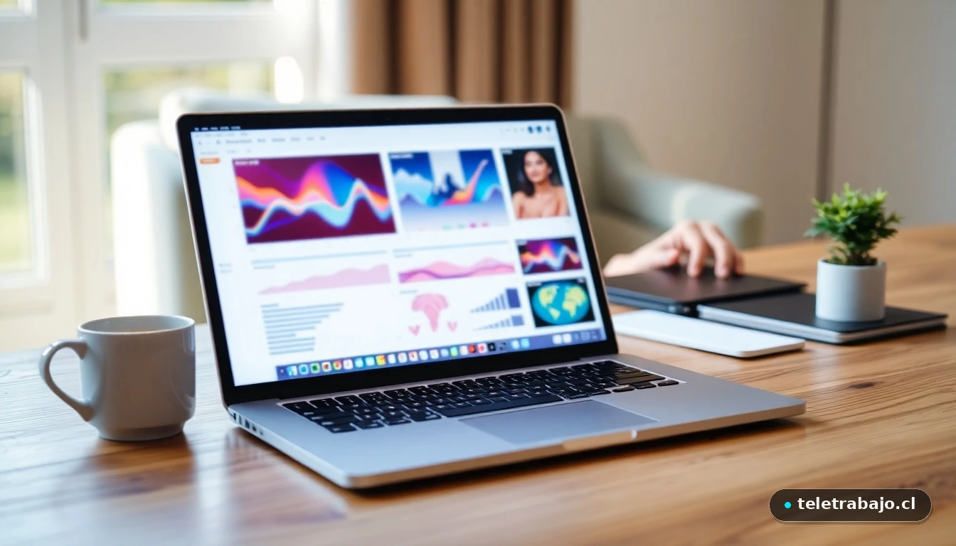 Oficina en casa moderna con portátil mostrando gráficos de datos, ideal para teletrabajo en España.