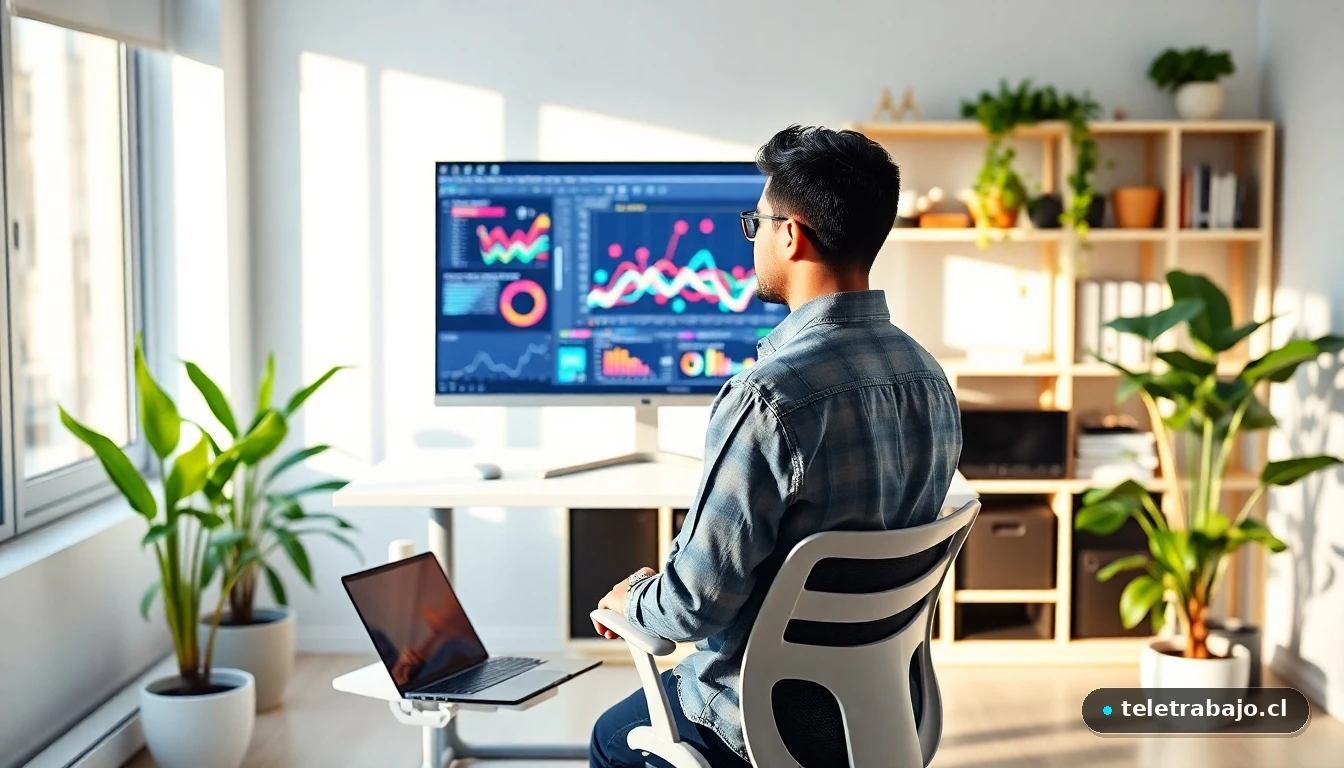 Diseño moderno de oficina en casa con escritorio ajustable, tecnología organizada y plantas, ideal para teletrabajo en 2026.