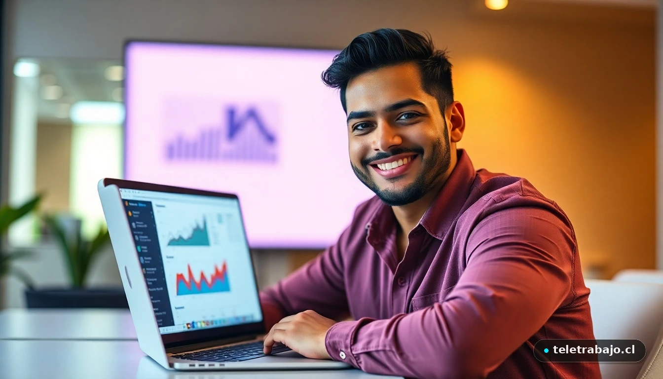 Profesional hispano revisando oportunidades de empleo en su portátil, mostrando gráficos de datos coloridos.