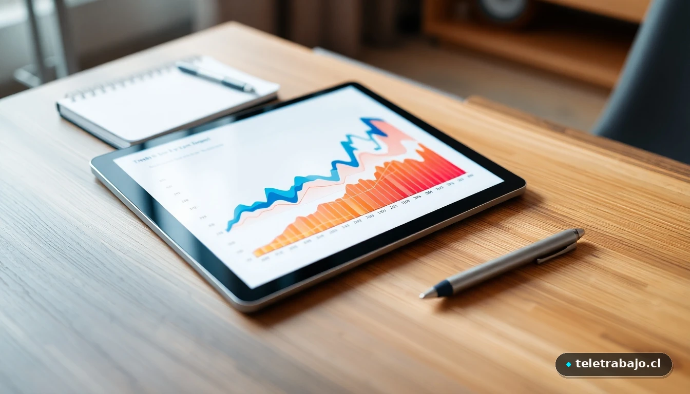 Visualización abstracta de datos de crecimiento del sector aeroespacial español en una tableta