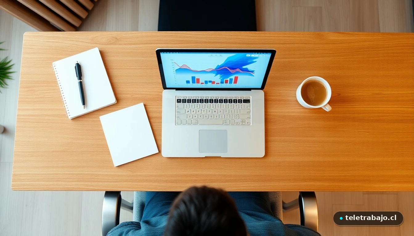 Vista aérea de un escritorio moderno para teletrabajo con gráficos de datos abstractos en la pantalla del portátil.