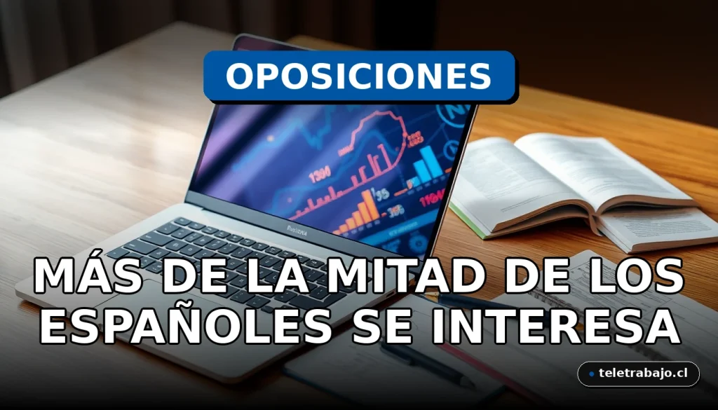 Un escritorio moderno con un portátil mostrando gráficos abstractos y documentos de estudio para oposiciones en España, símbolo de preparación profesional.