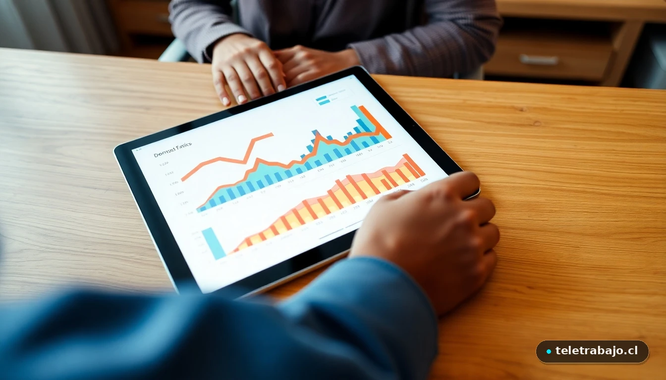 Gráficos abstractos de colores mostrando datos estadísticos sobre opositores en España en una tableta