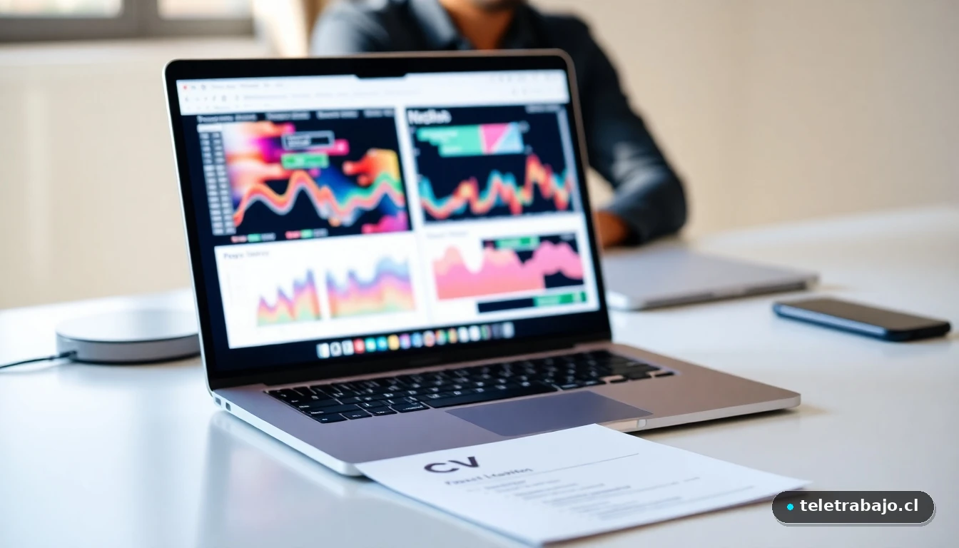 Optimización de currículum vitae moderno en portátil mostrando gráficos de datos abstractos, preparación para búsqueda de empleo.