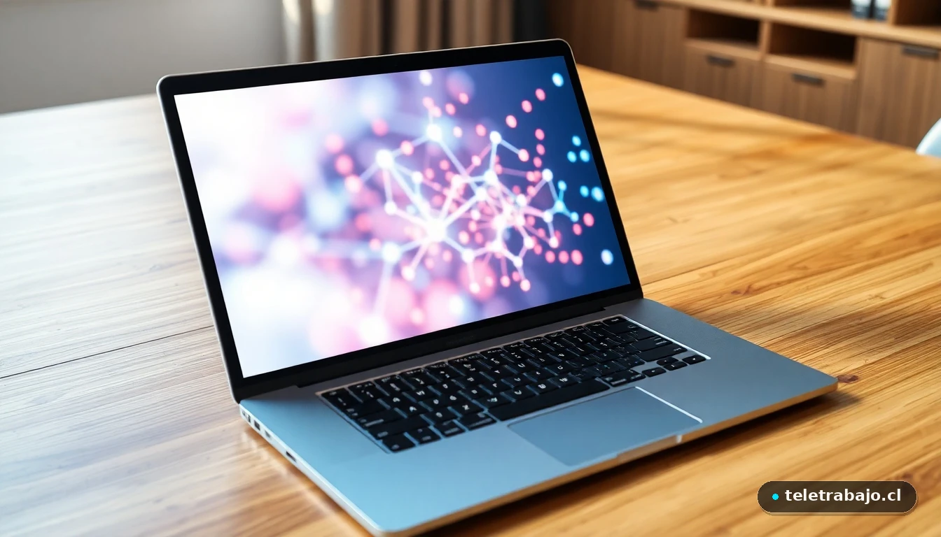 Visualización abstracta de una red de contactos profesionales en una pantalla de portátil, concepto de búsqueda de empleo.