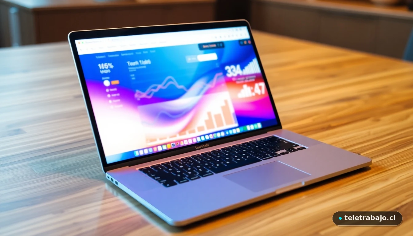 Diseño moderno de dashboard web con gráficos de colores en un portátil, representando la gestión de una página web personal.