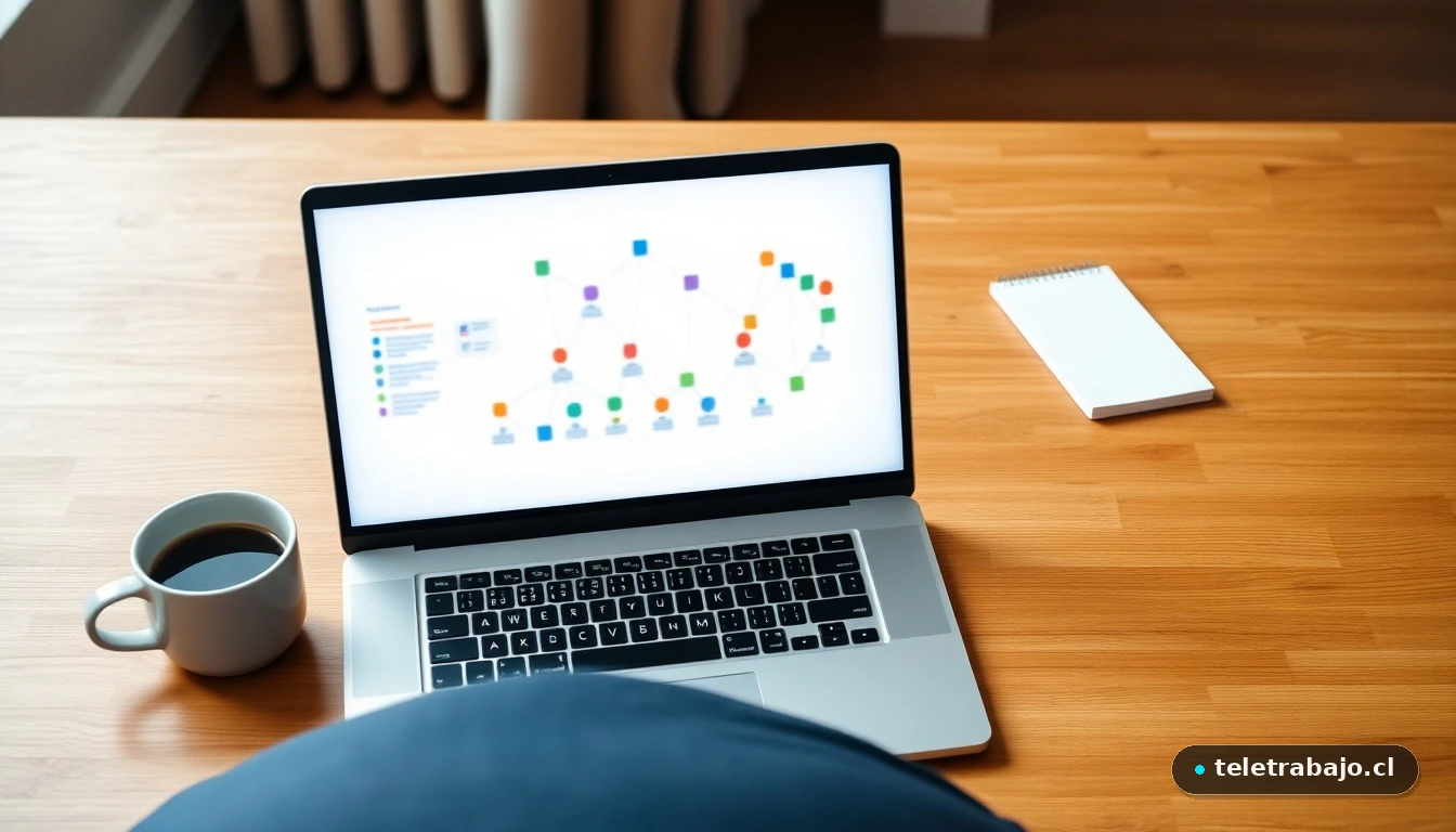 Laptop mostrando gráfico abstracto de organización en un escritorio moderno, representando la evaluación durante el periodo de prueba.