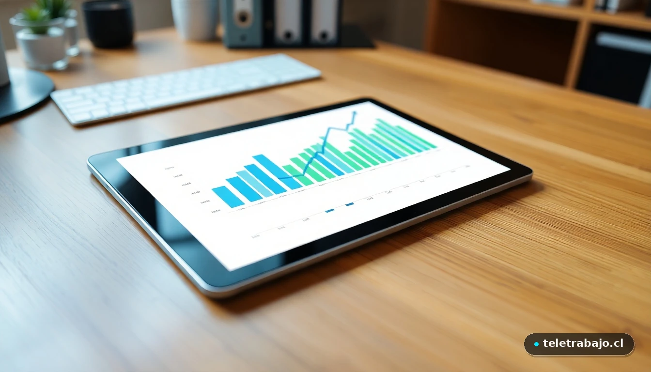 Gráfico abstracto de datos sobre tendencias del mercado laboral y crecimiento en una tablet moderna.