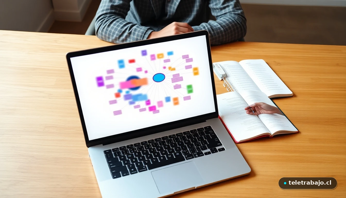 Plan de carrera visualizado en un diagrama de flujo abstracto y colorido en la pantalla de un portátil, sobre un escritorio de madera.