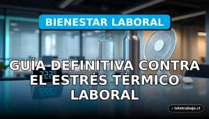 Guía de prevención del estrés térmico en el trabajo con termómetro digital, botella de agua y ventilador portátil sobre un escritorio moderno.