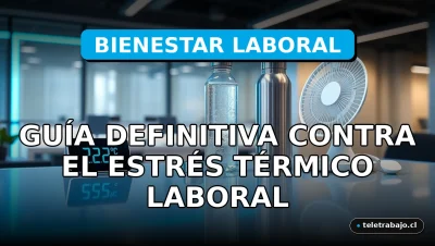 Guía de prevención del estrés térmico en el trabajo con termómetro digital, botella de agua y ventilador portátil sobre un escritorio moderno.