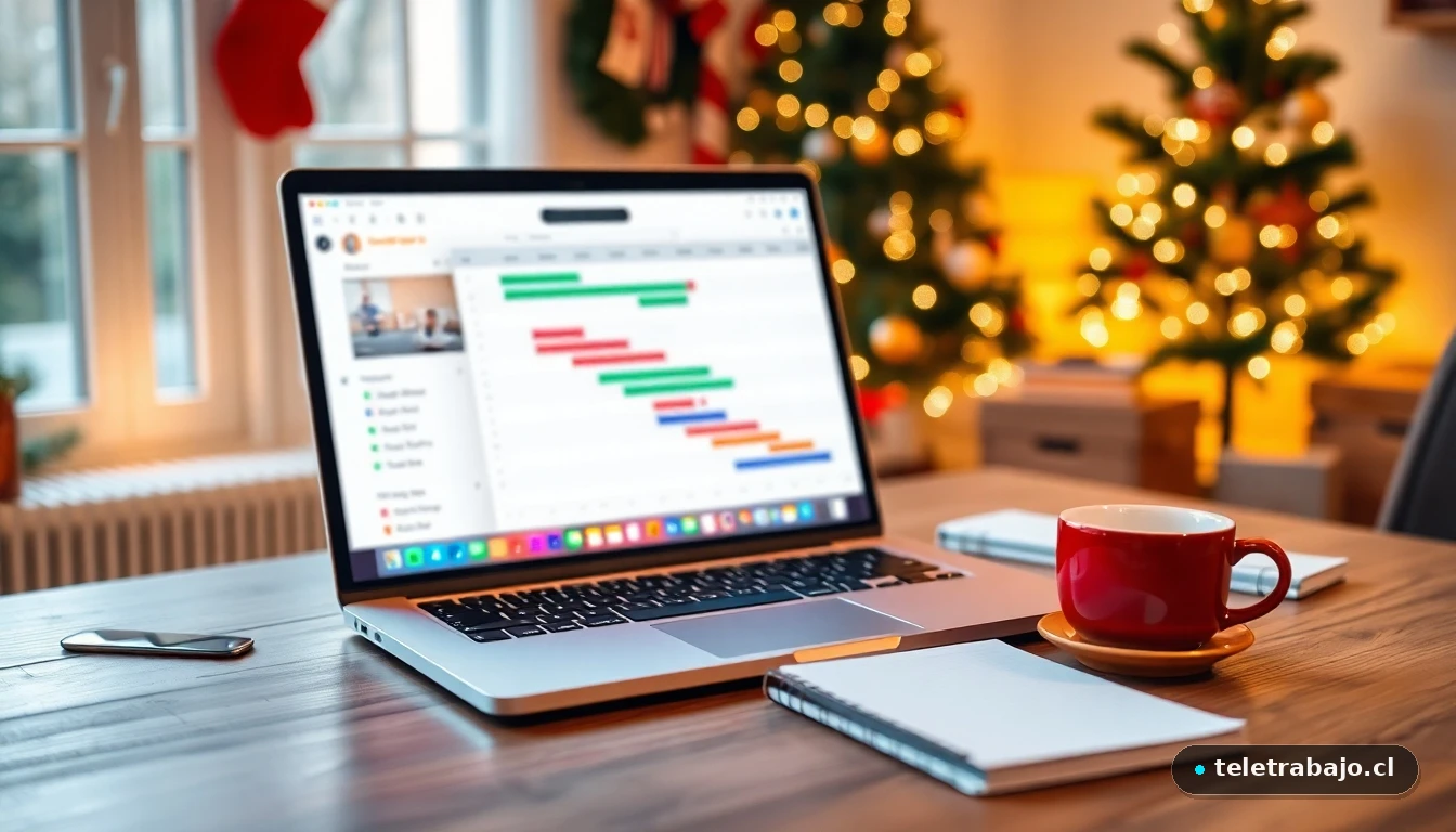 Escritorio de home office organizado con planificador digital para vacaciones navideñas, en ambiente festivo.