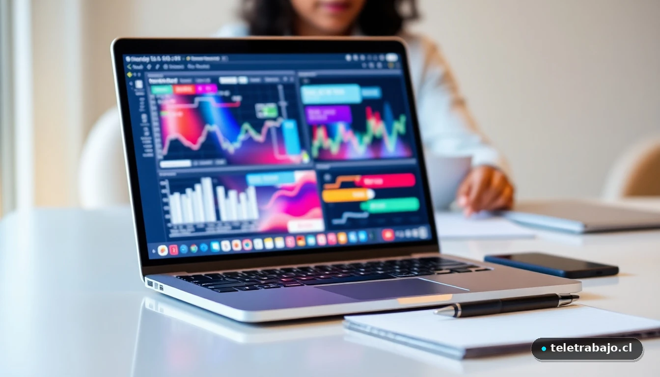 Diferencias visuales entre pluriempleo y pluriactividad en gráficos abstractos de colores sobre una mesa de trabajo moderna.
