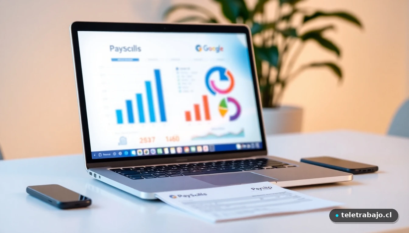 Laptop mostrando gráficos abstractos de nómina junto a un recibo de sueldo impreso sobre un escritorio moderno.
