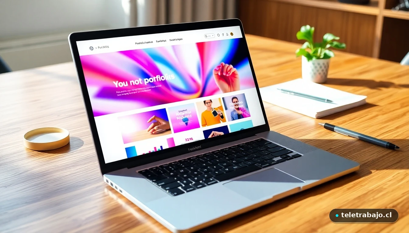 Vista moderna de un portafolio digital freelancer mostrado en una laptop, con diseño colorido y abstracto.