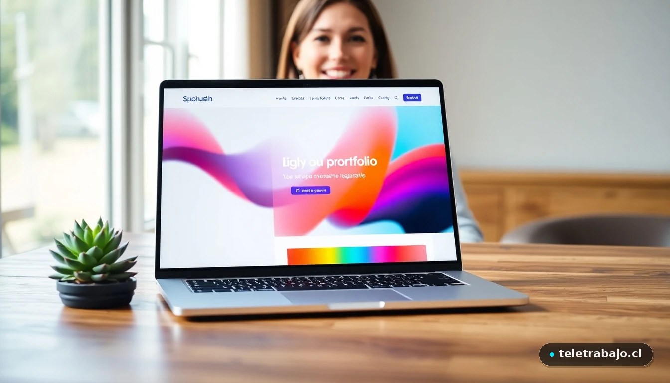 Laptop mostrando una interfaz moderna y abstracta de un portfolio digital en 2026, con diseño colorido y minimalista.