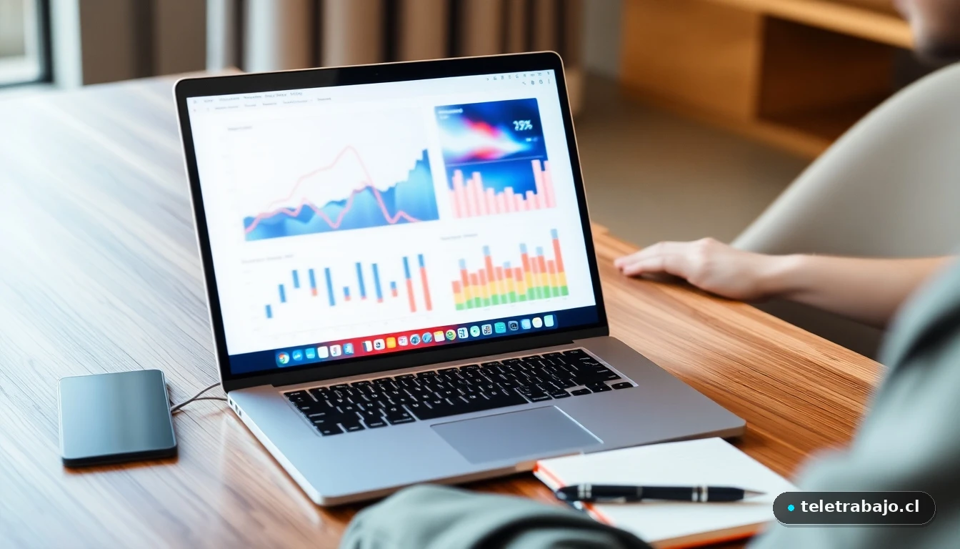 Gráficos abstractos de datos económicos sobre empleo juvenil en una pantalla de portátil en un escritorio moderno.