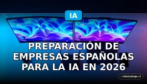 Preparación de empresas españolas para la inteligencia artificial en 2026, oficina corporativa futurista con pantallas de datos abstractos.