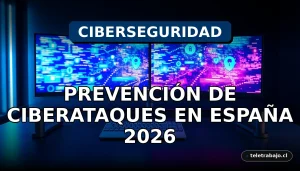 Imagen conceptual de ciberseguridad empresarial en España: monitores modernos muestran gráficos abstractos de defensa de red en una oficina de alta tecnología.
