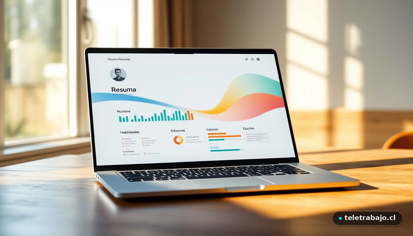 Plantilla moderna de currículum vitae en pantalla de portátil, diseño minimalista con gráficos de habilidades abstractos.