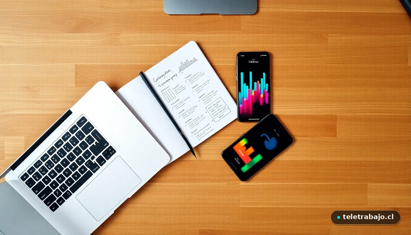 Escritorio moderno con herramientas digitales para la prospección de clientes: laptop, gráficos abstractos en smartphone y mapa de viaje del cliente.