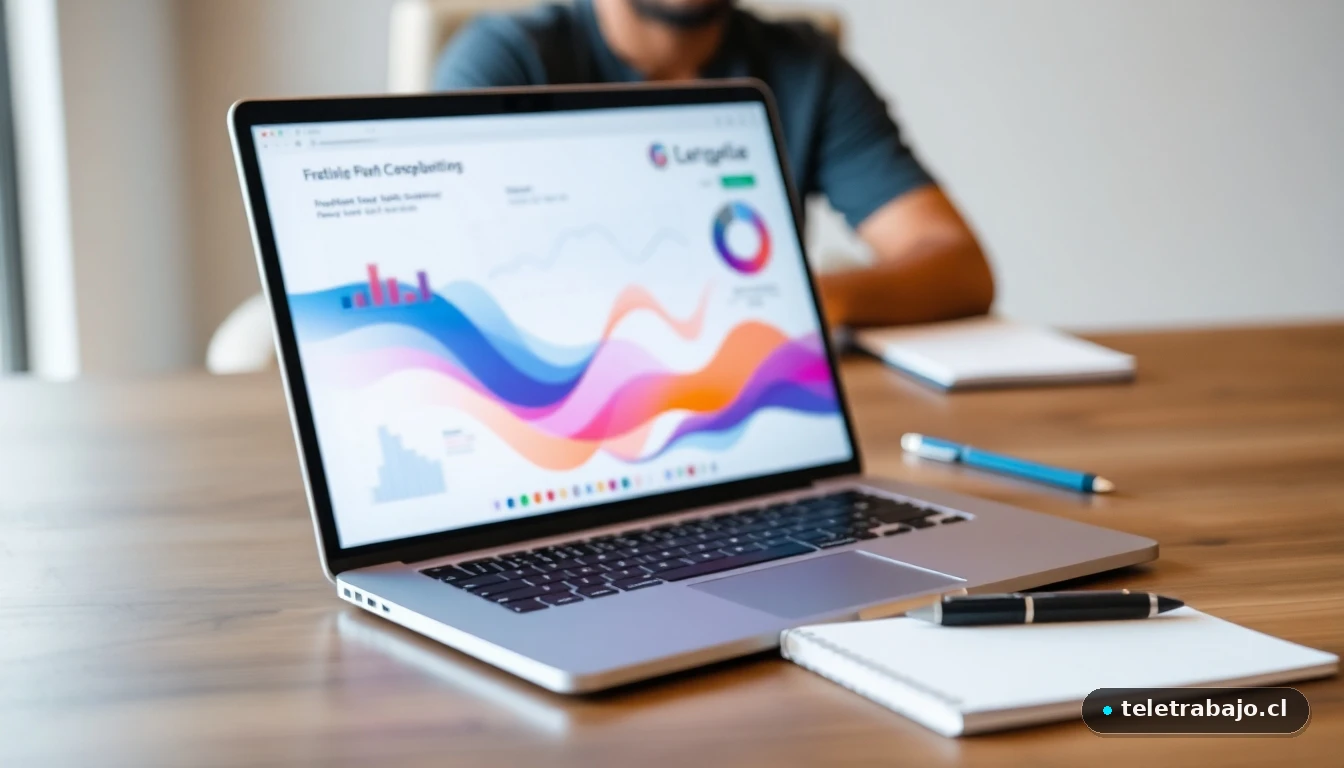 Laptop mostrando gráficos de análisis de ventas de productos digitales en un escritorio moderno