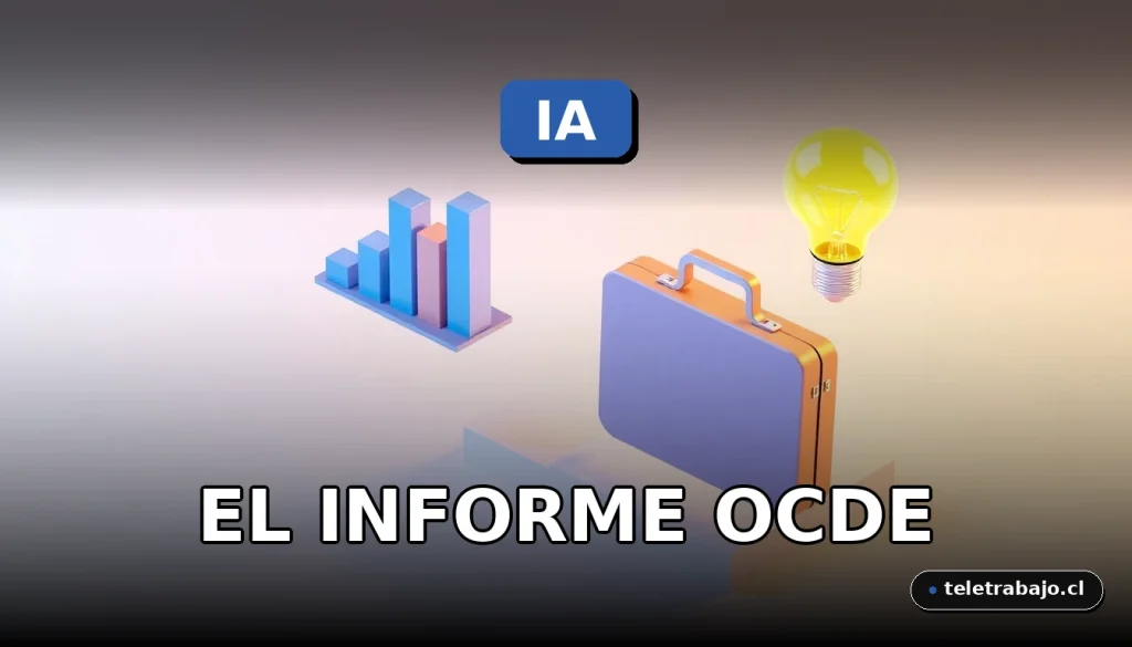 Ilustración abstracta corporativa sobre el impacto de la IA en el futuro laboral según la OCDE, con elementos de oficina en estilo isométrico.